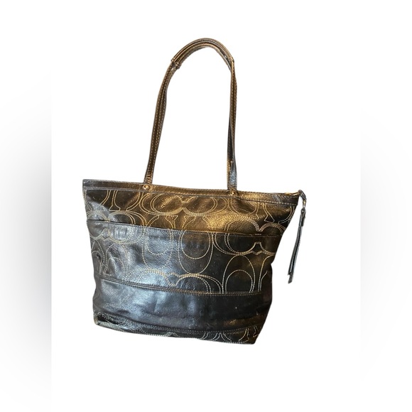 Coach Signature Stripe Stitched Black Leather Tote Bag - Picture 3 of 8